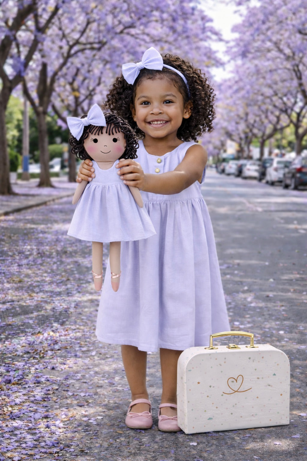 Girls Classic Lavender Dress & Matching Doll Set with Petit Case – Nellie
