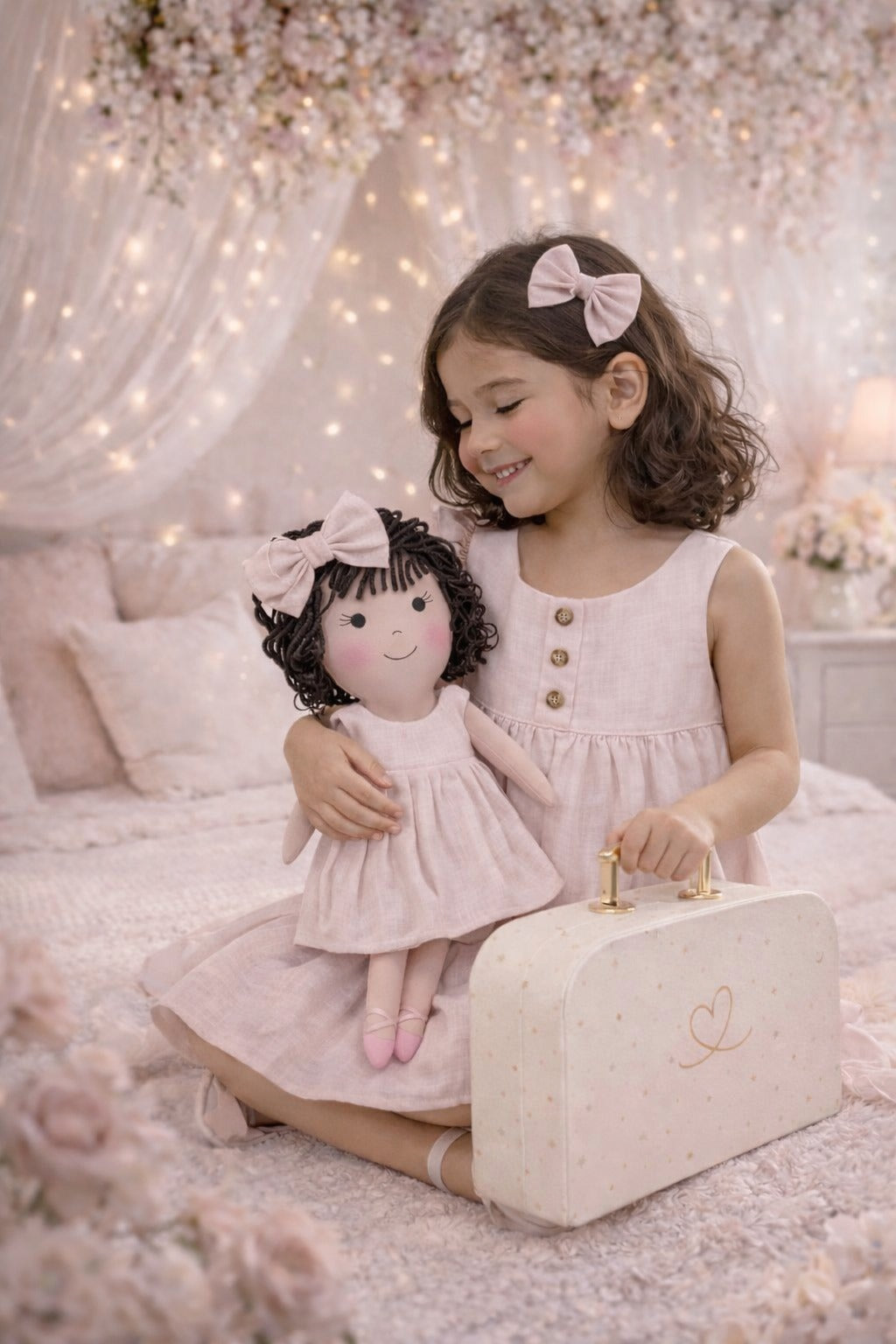 Girls Classic Pink Dress & Matching Doll Set with Petit Case – Nellie