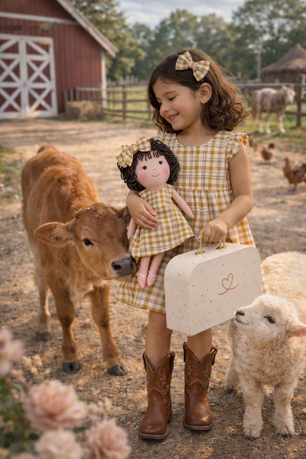 Girls Gingham Dress & Matching Doll Set with Petit Case – Nellie