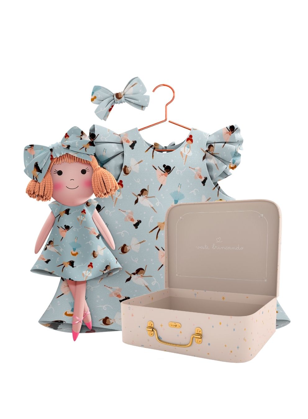 Nina cloth doll with her Petit Case keepsake suitcase