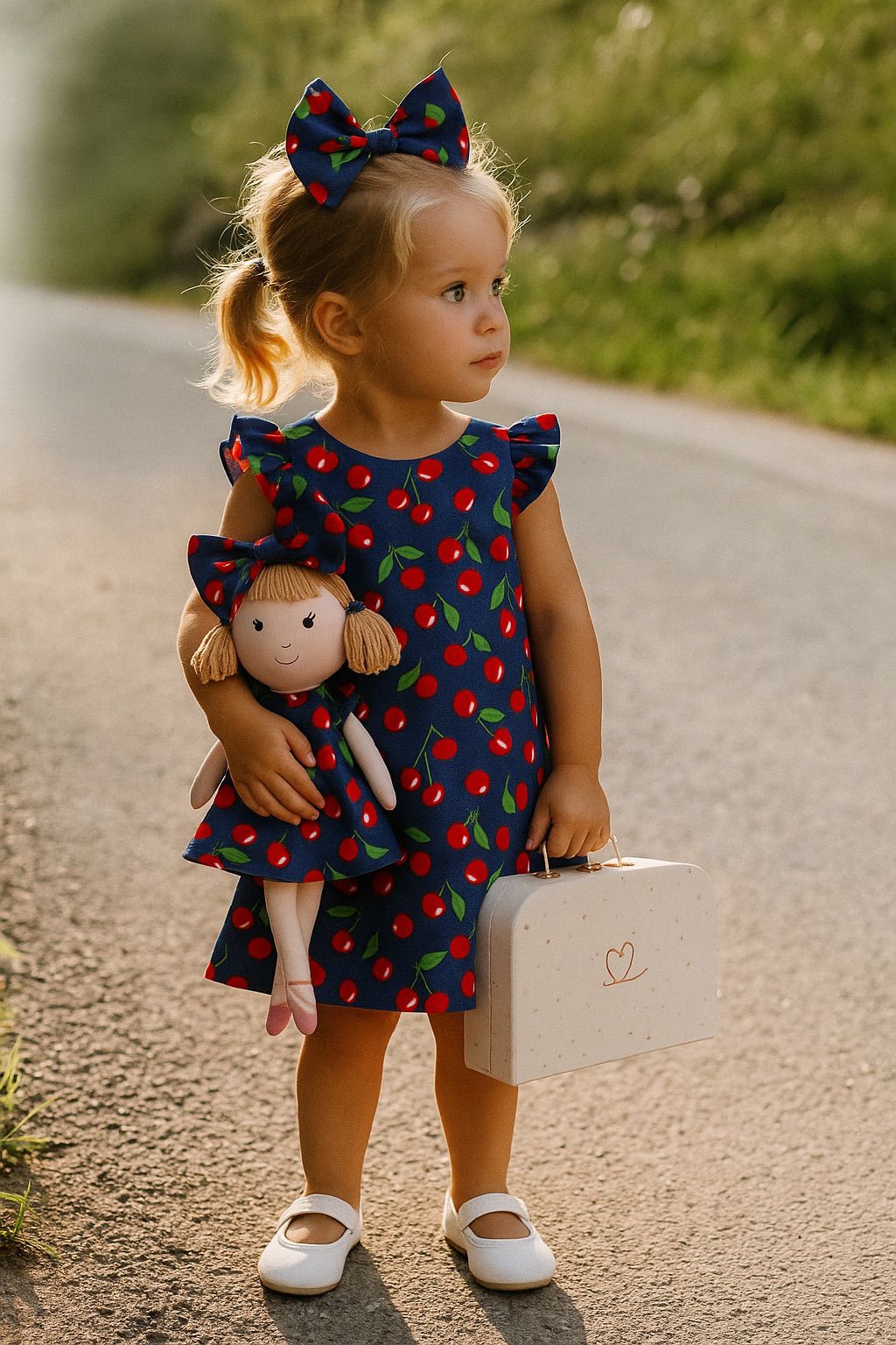 Girls Cherry Dress & Matching Doll Set with Petit Case – Nina