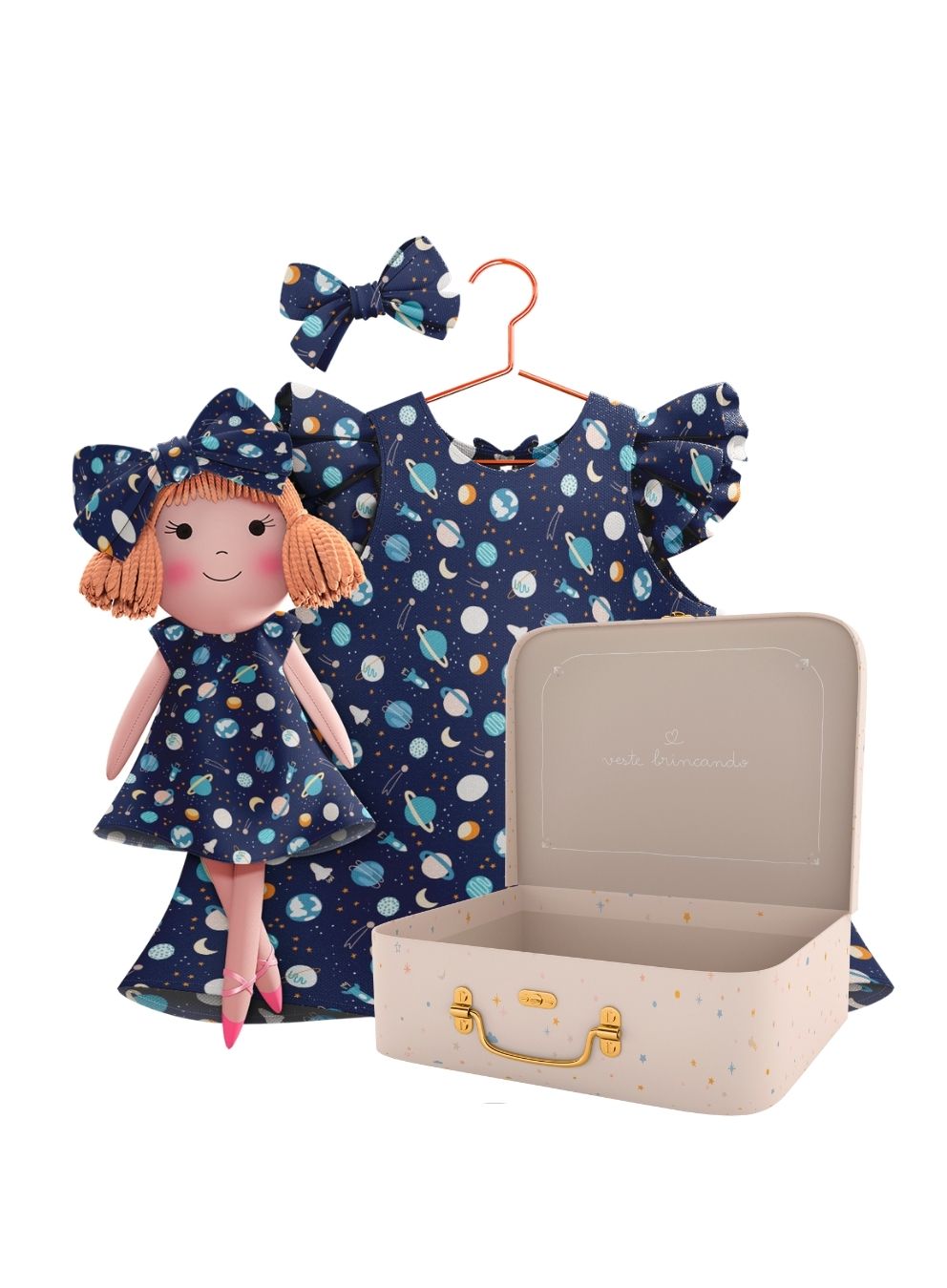 Nina cloth doll with her Petit Case keepsake suitcase