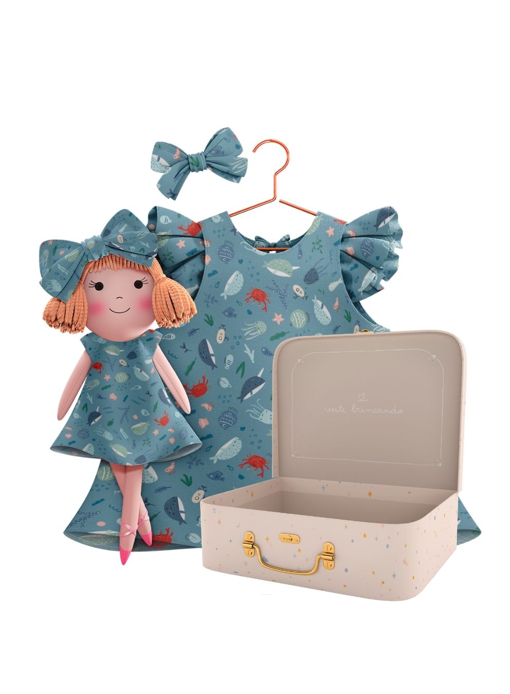 Nina cloth doll with her Petit Case keepsake suitcase