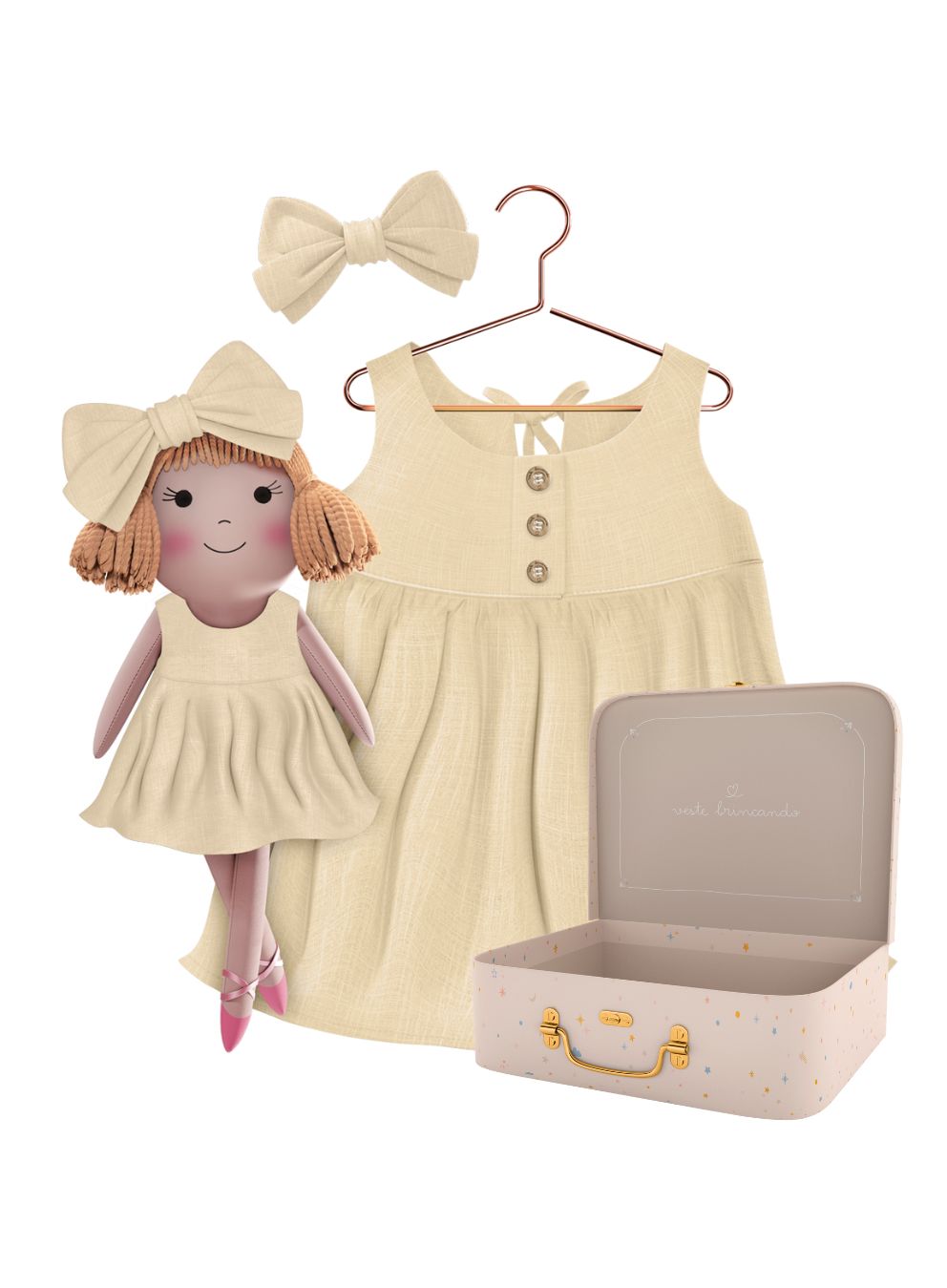 Nina cloth doll with her Petit Case keepsake suitcase