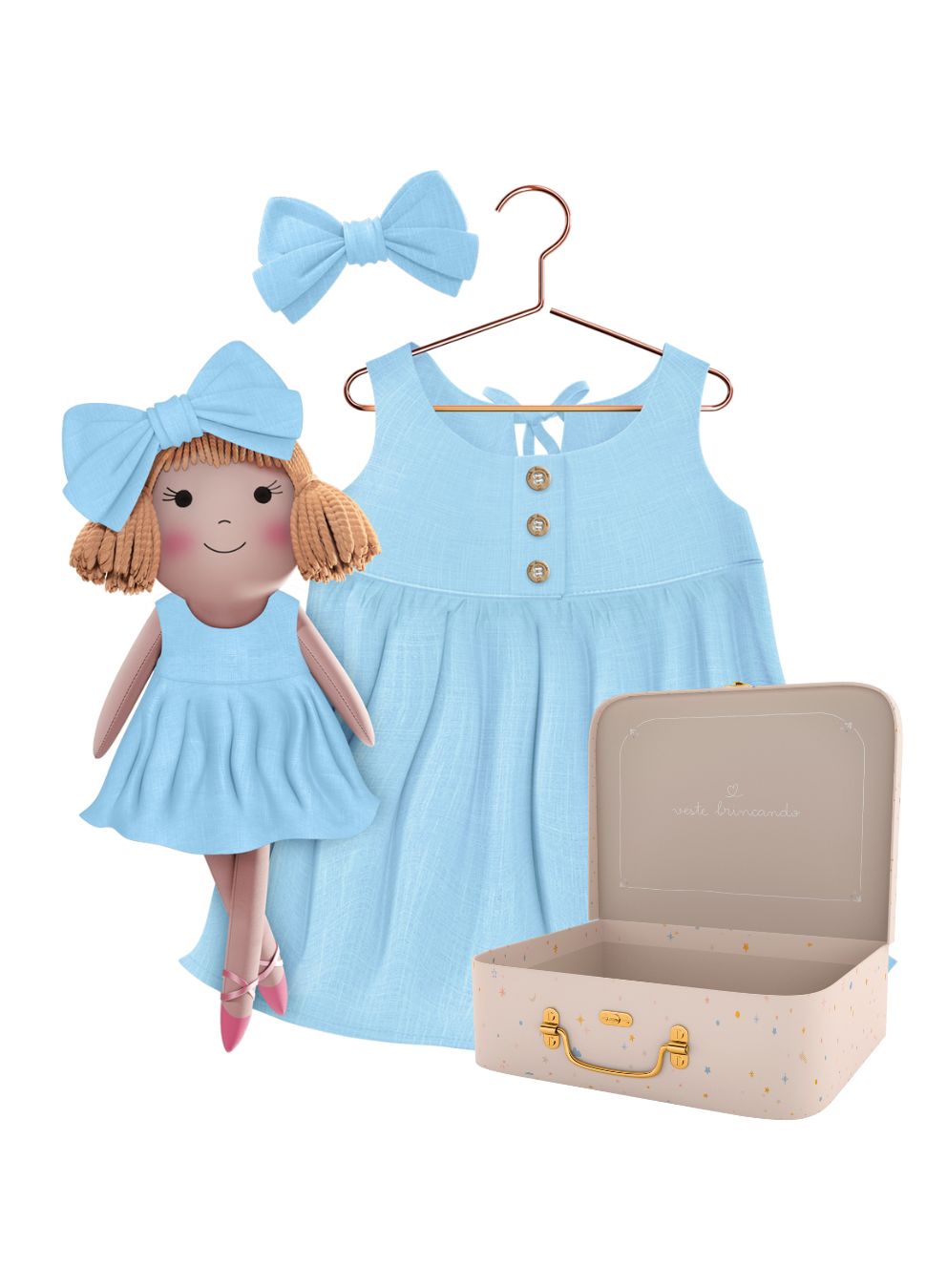 Nina cloth doll with her Petit Case keepsake suitcase