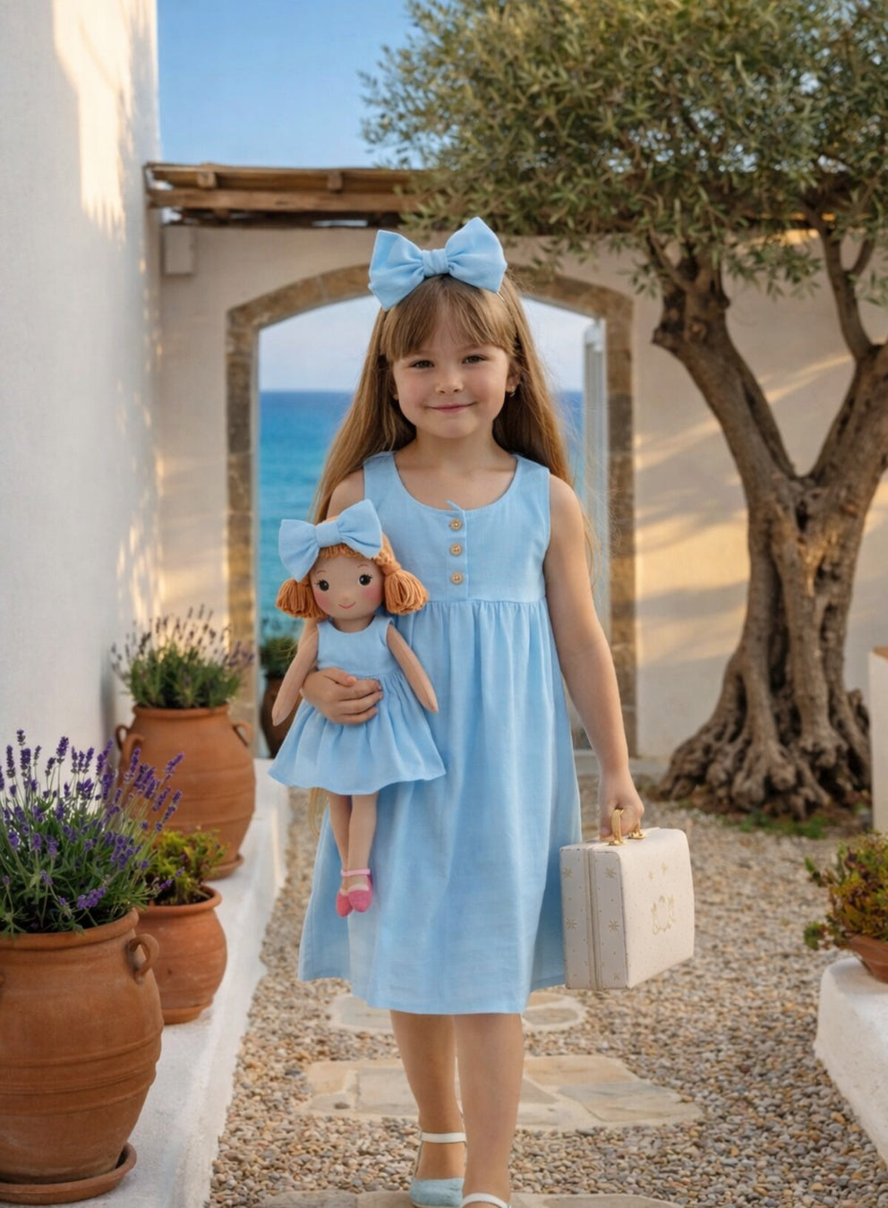 Girls Classic Blue Dress & Matching Doll Set with Petit Case – Nina
