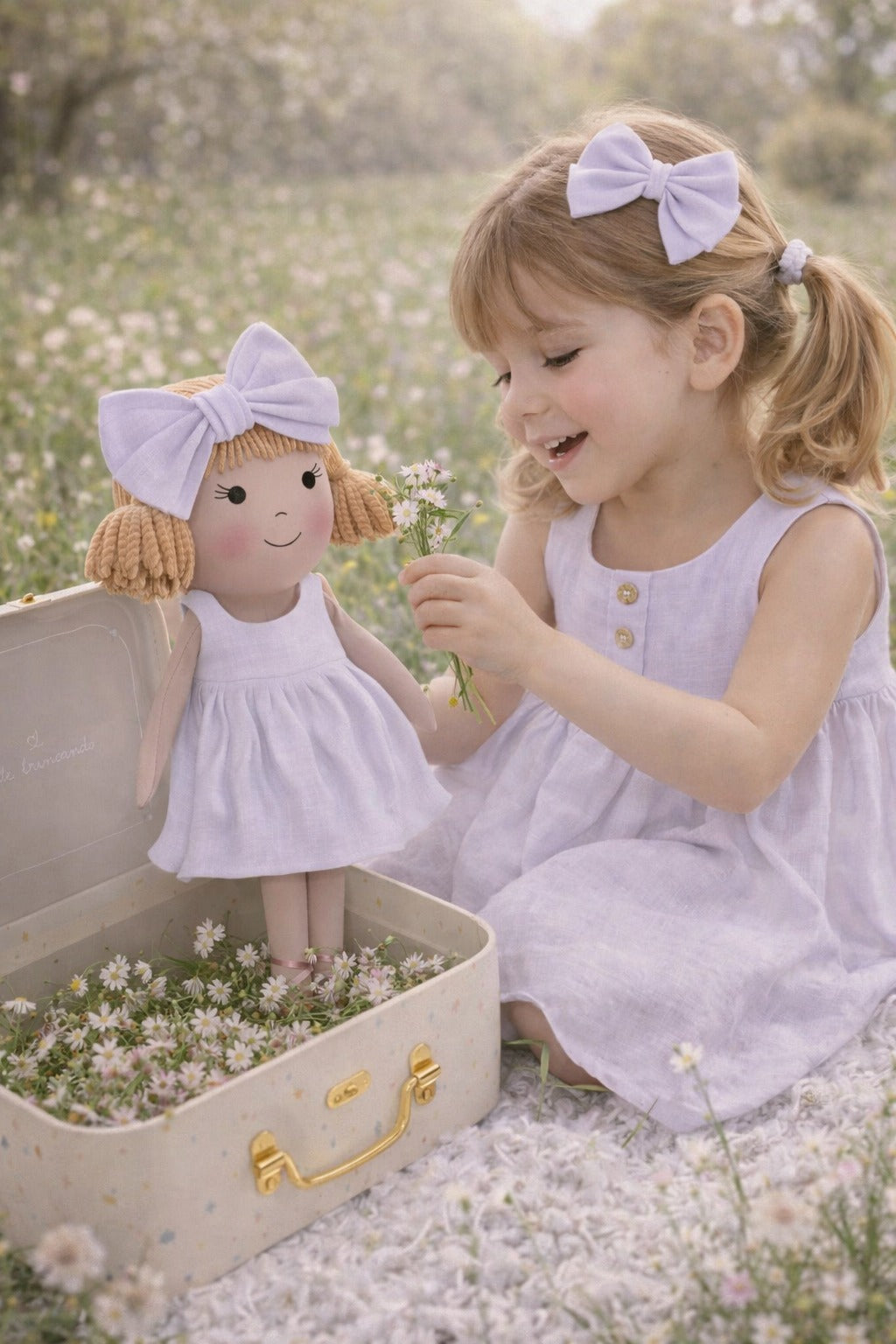 Girls Classic Lavender Dress & Matching Doll Set with Petit Case – Nina