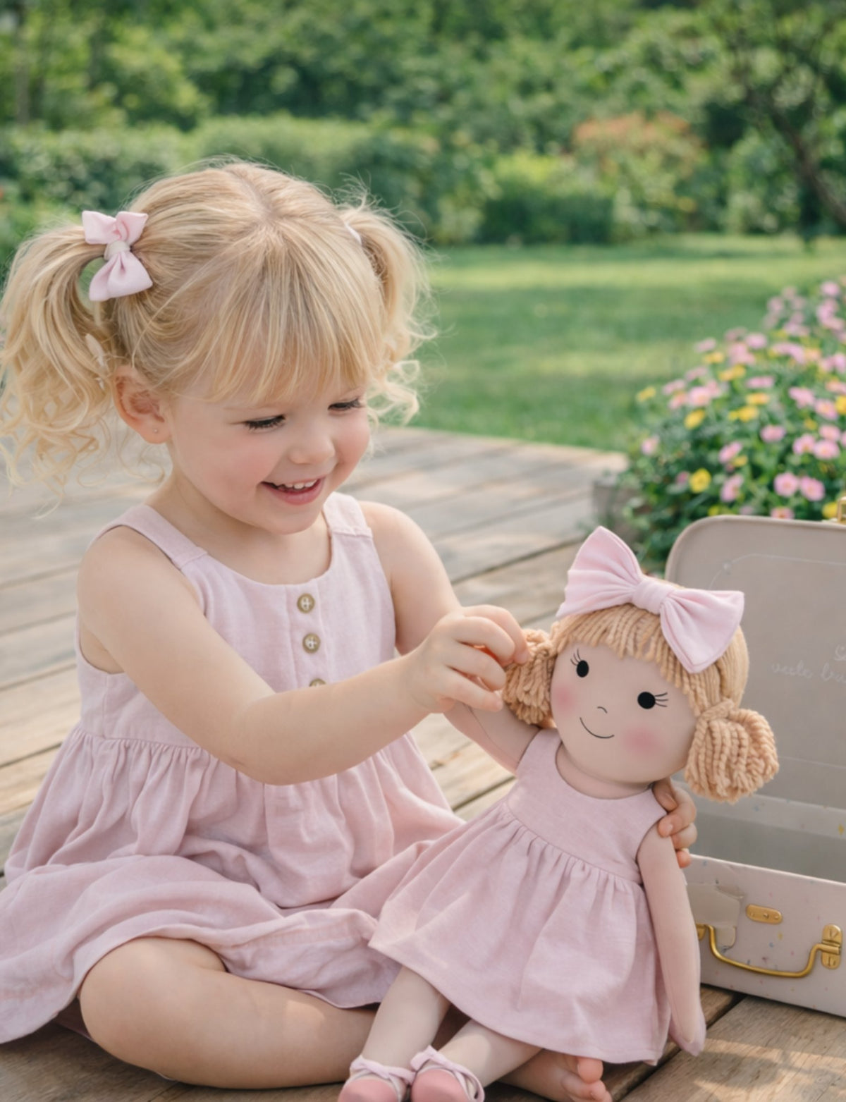 Girls Classic Pink Dress & Matching Doll Set with Petit Case – Nina