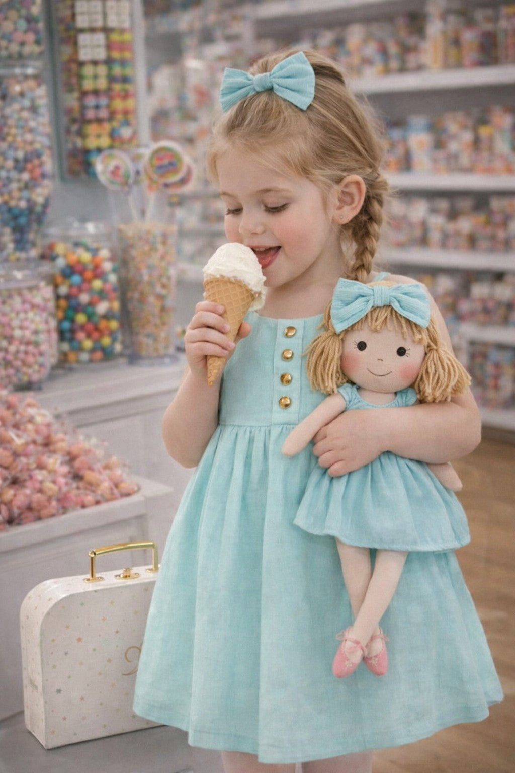 Girls Classic Green Dress & Matching Doll Set with Petit Case – Nina