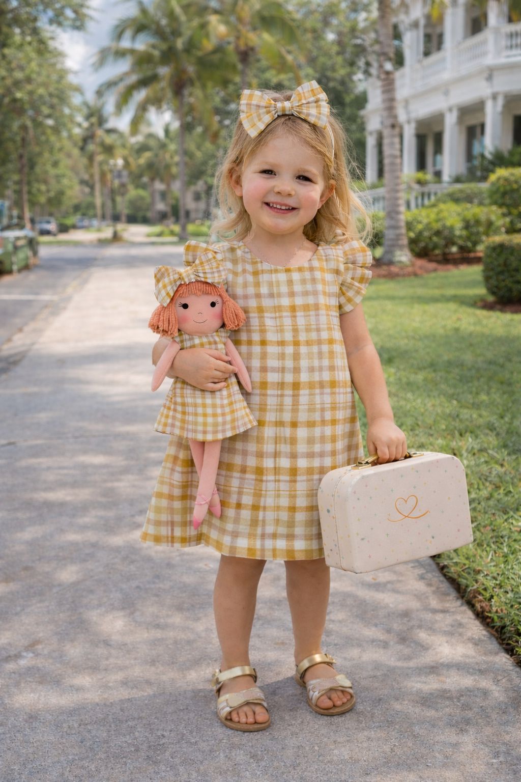 Girls Gingham Dress & Matching Doll Set with Petit Case – Nina