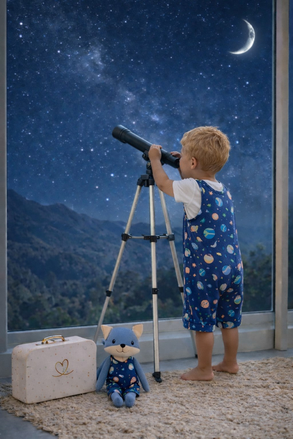 Boys Space Romper & Matching Plush Toy with Petit Case – Mr. Fox