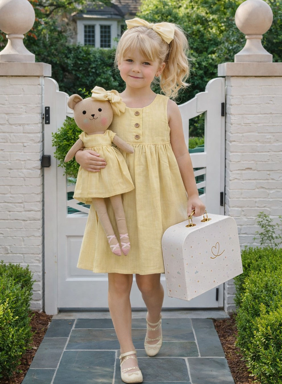 Girls Classic Yellow dress set with Honey Bear cloth doll and Petit Case keepsake suitcase