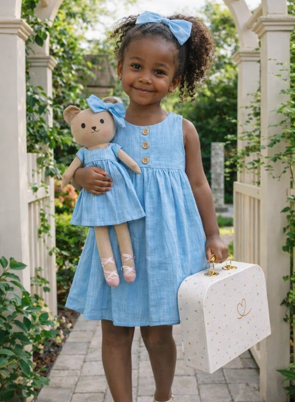 Girls Classic Blue dress set with Honey Bear cloth doll and Petit Case keepsake suitcase