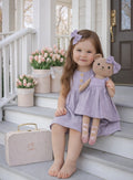 Girls Classic Lavender dress set with Honey Bear cloth doll and Petit Case keepsake suitcase
