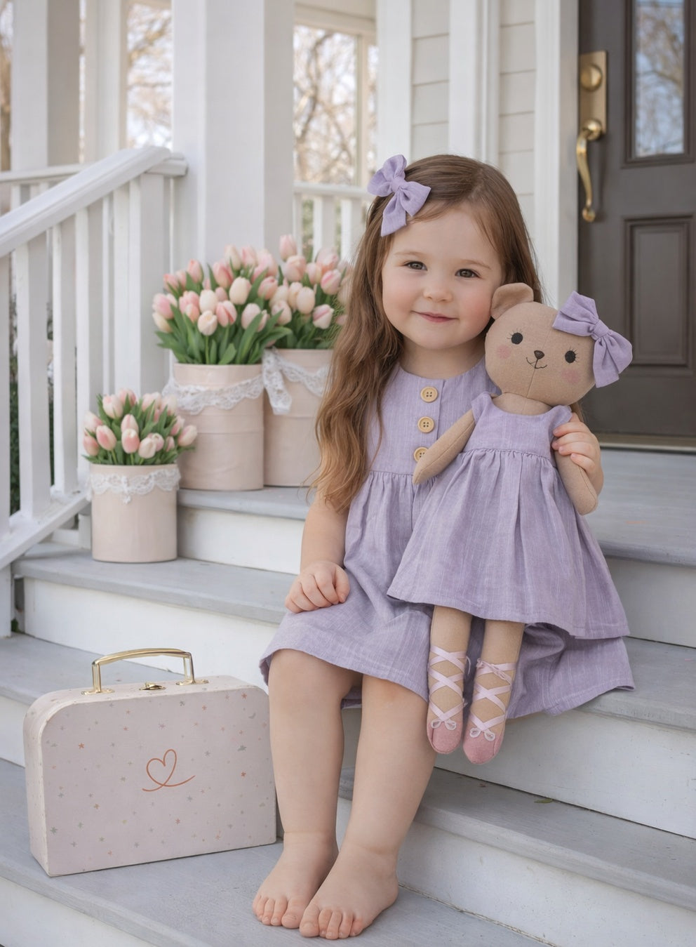 Girls Classic Lavender dress set with Honey Bear cloth doll and Petit Case keepsake suitcase
