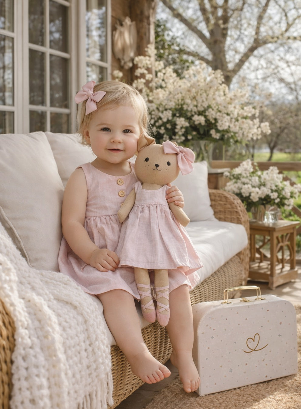 Girls Classic Pink dress set with Honey Bear cloth doll and Petit Case keepsake suitcase
