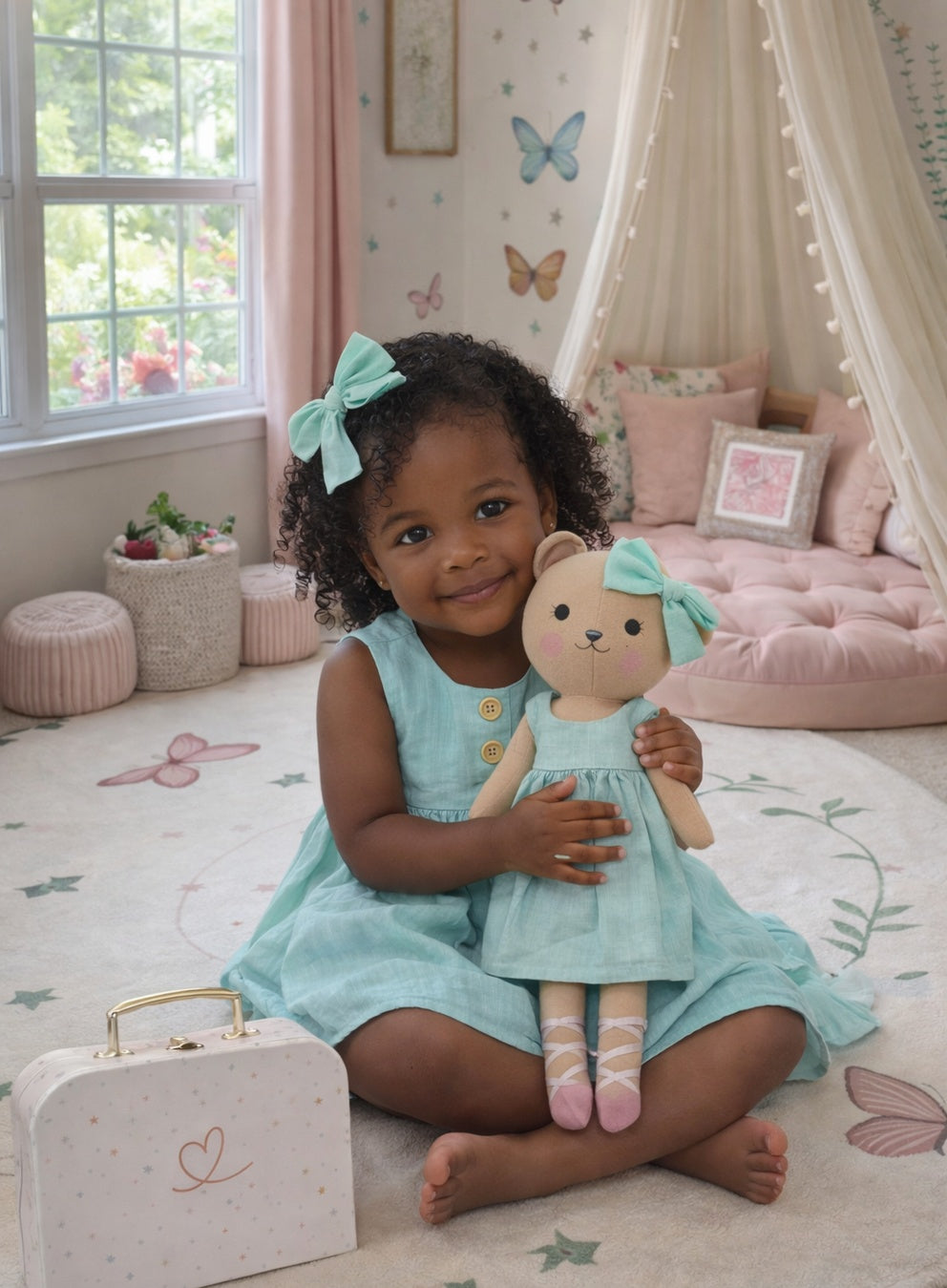 Girls Classic Green dress set with Honey Bear cloth doll and Petit Case keepsake suitcase