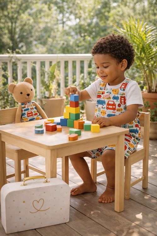 Boys Cars Romper & Matching Plush Toy with Petit Case – Teddy Bear