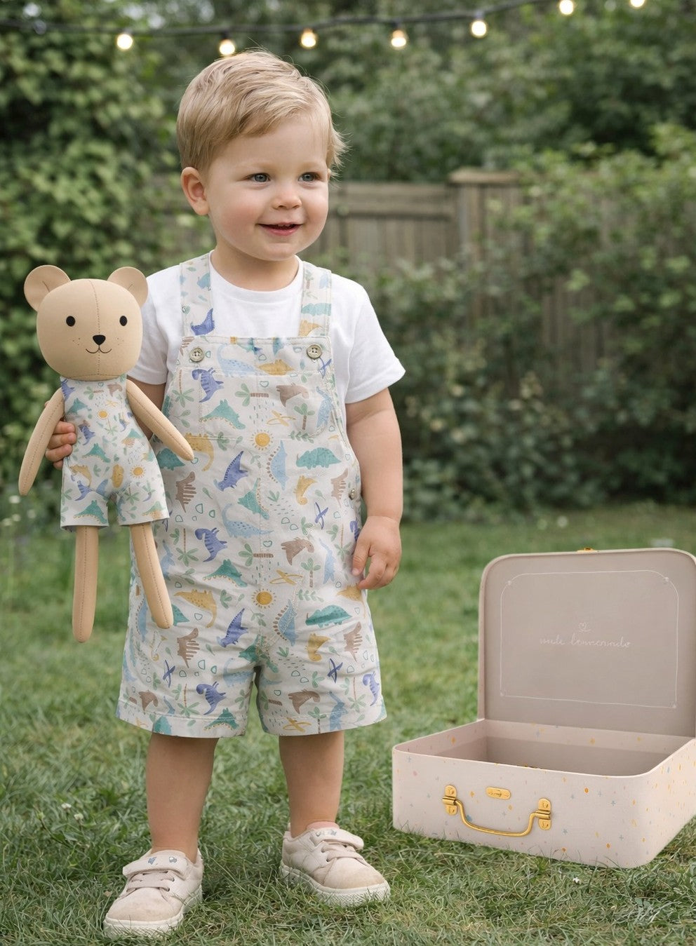 Boys Dino Romper & Matching Plush Toy with Petit Case – Teddy Bear