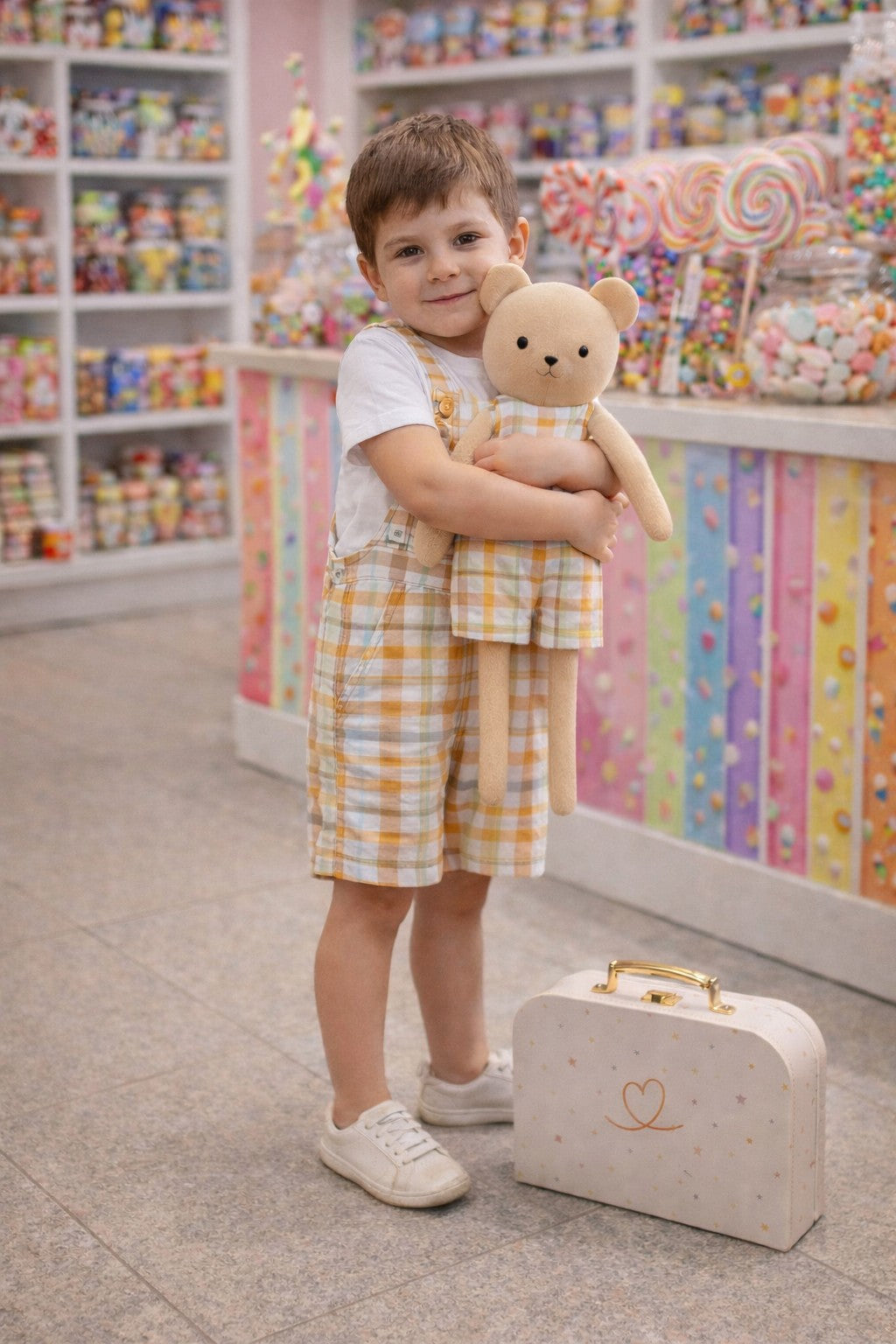 Boys Gingham Romper & Matching Plush Toy with Petit Case – Teddy Bear