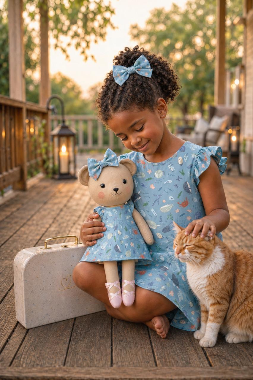 Girls Under the Sea dress set with Honey Bear cloth doll and Petit Case keepsake suitcase