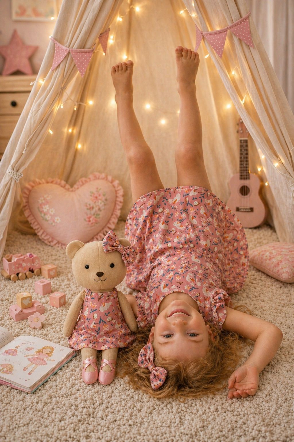 Girls Garden dress set with Honey Bear cloth doll and Petit Case keepsake suitcase
