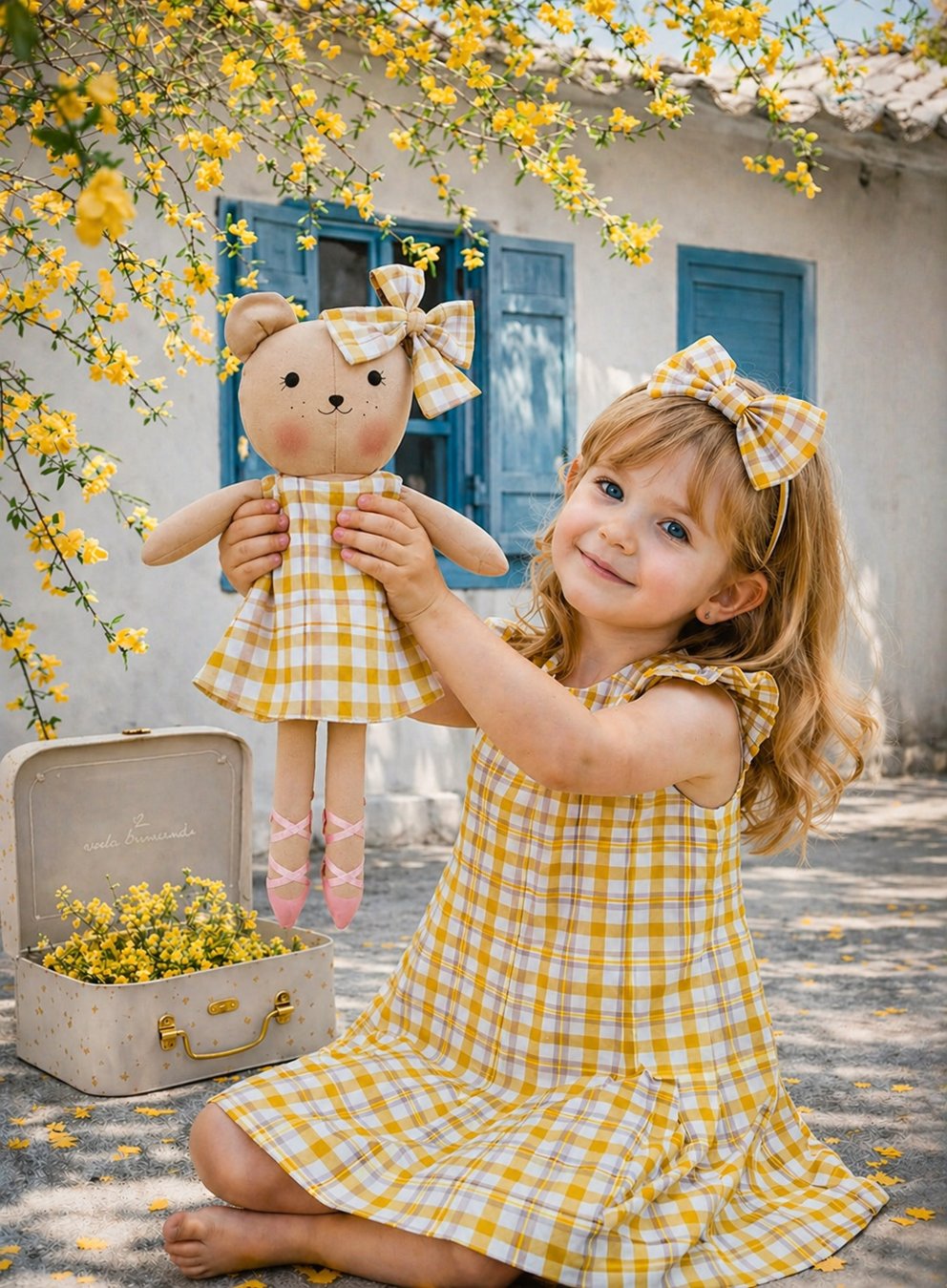 Girls Gingham dress set with Honey Bear cloth doll and Petit Case keepsake suitcase