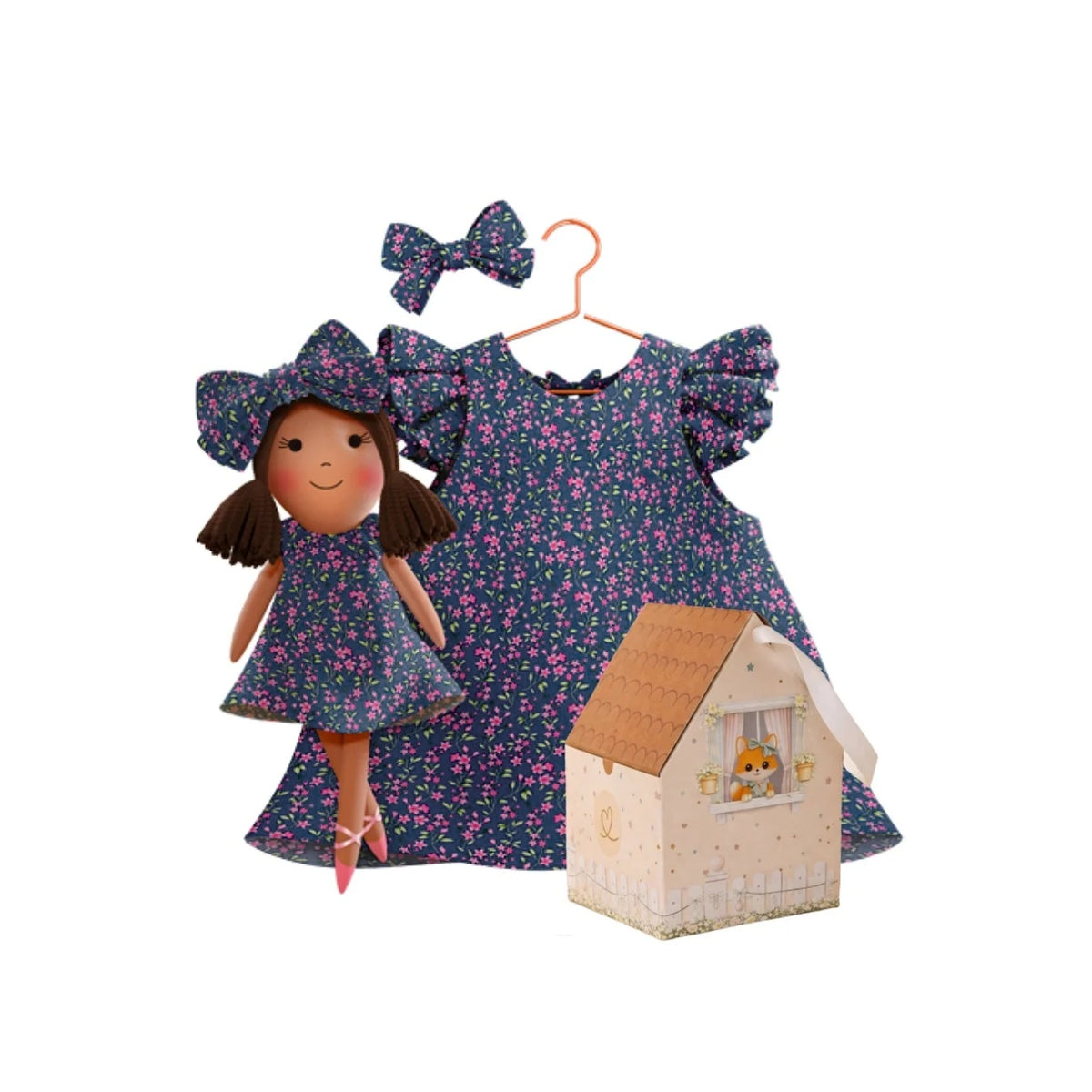 Blossom dress and doll Millie with gift box - true fabric color