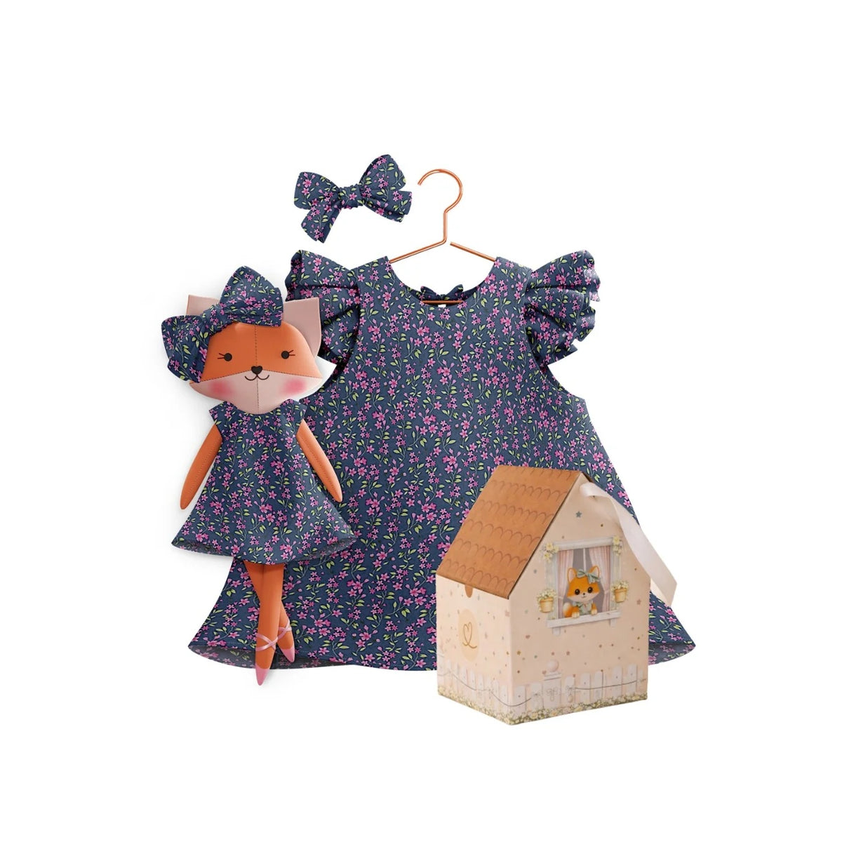 Blossom dress and doll Mrs. Fox with gift box - true fabric color