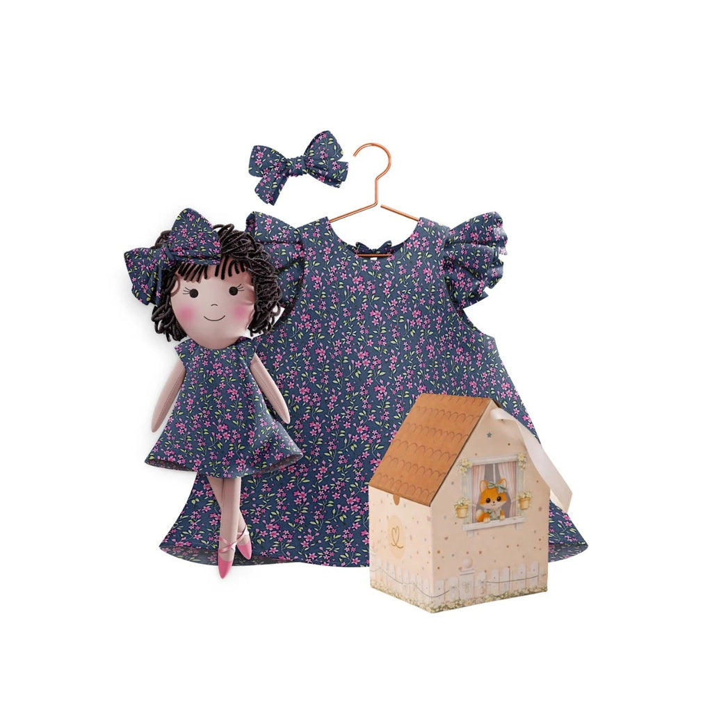 Blossom dress and doll Nellie with gift box - true fabric color