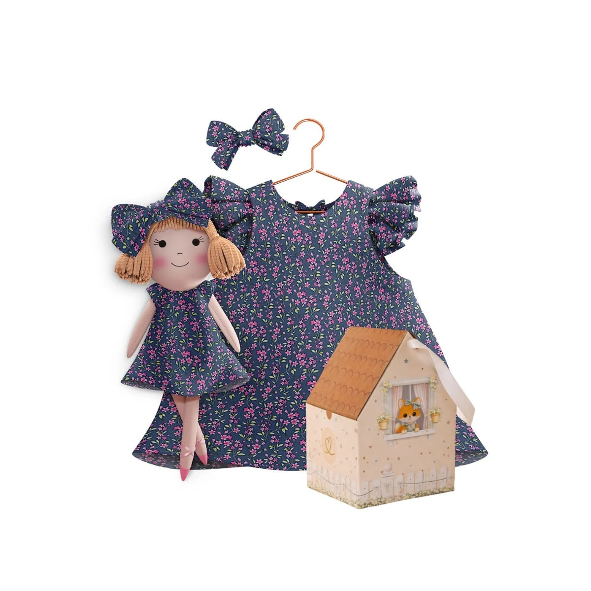 Blossom dress and doll Nina with gift box - true fabric color