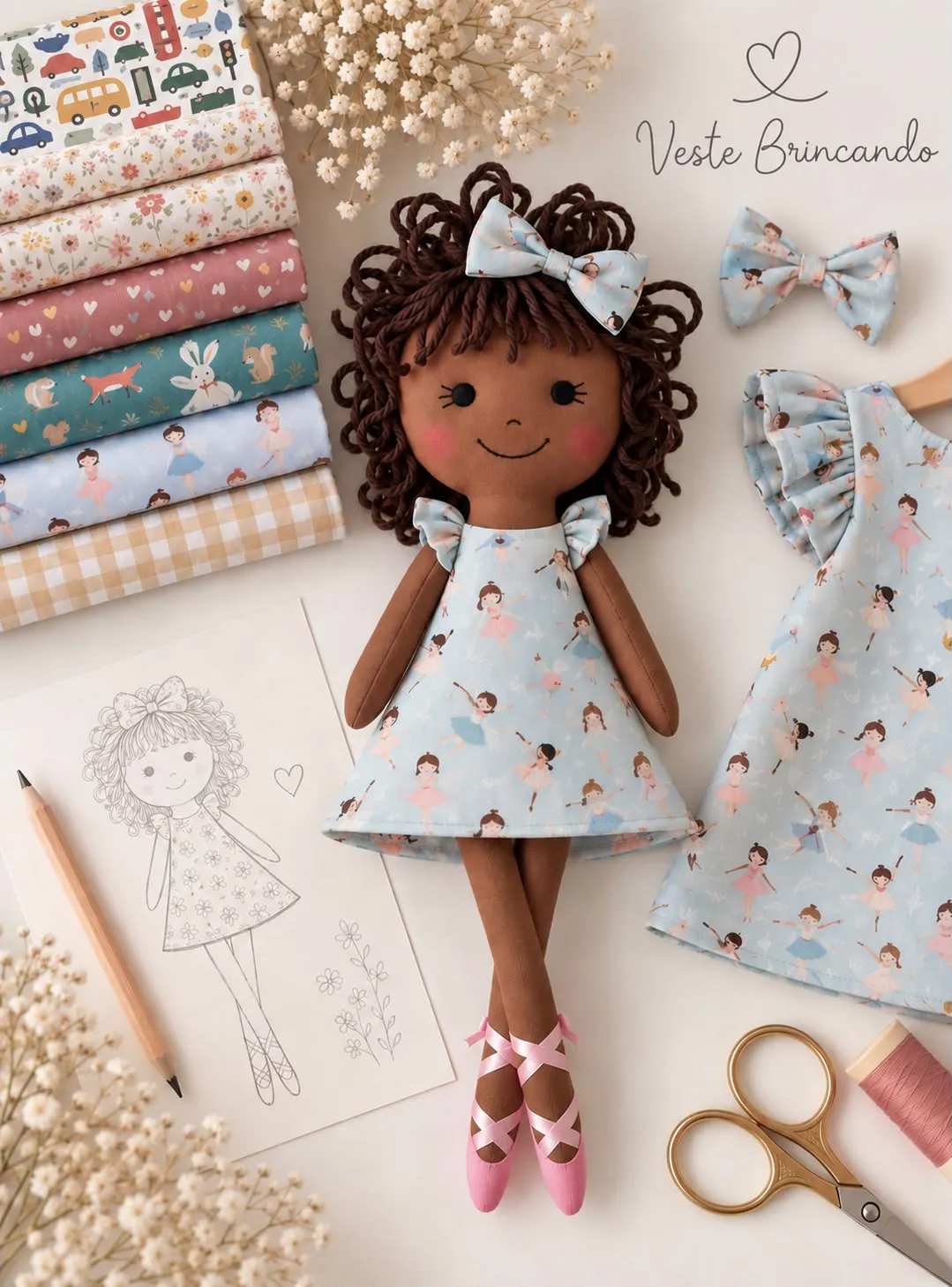 A handmade doll surrounded by fabrics, ribbons and atelier details