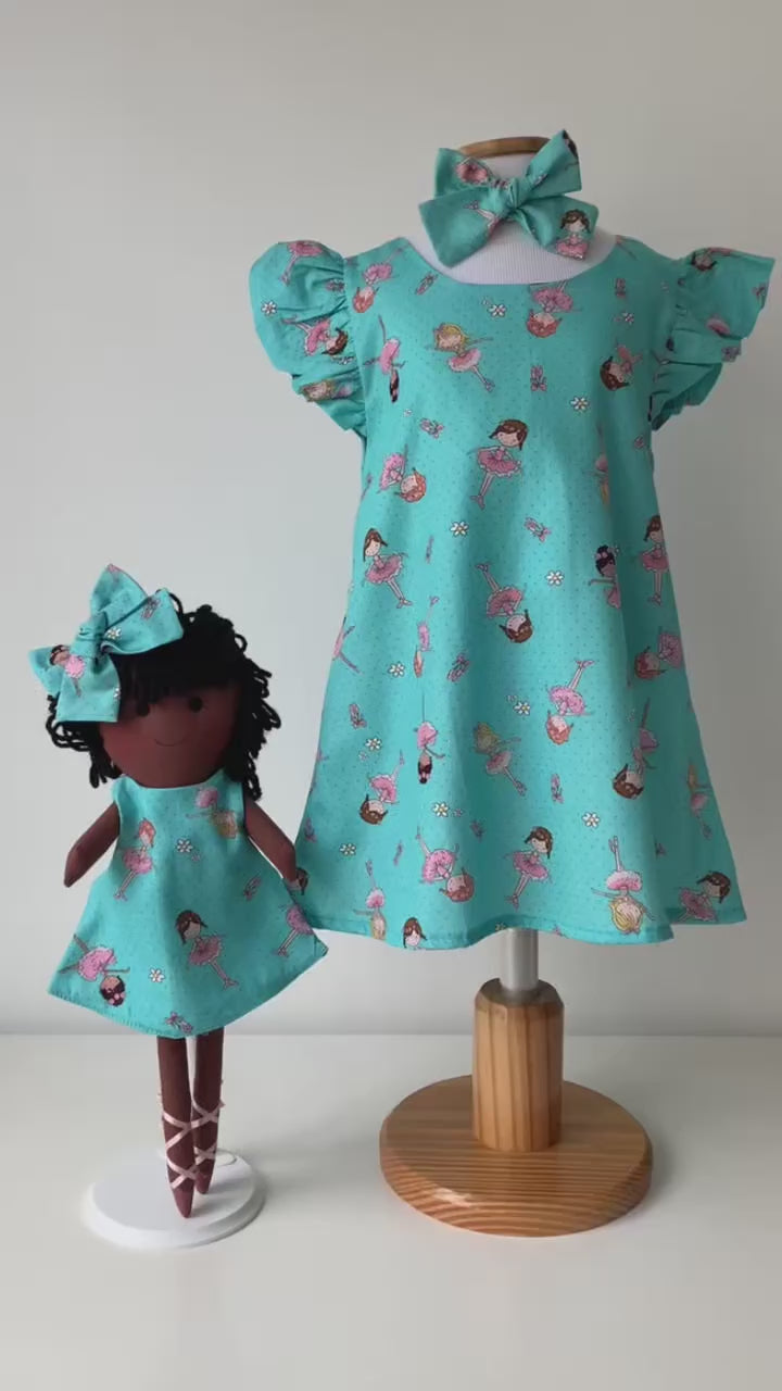 Handmade ballet print cotton dress and matching cloth doll, Play & Dress Bella set