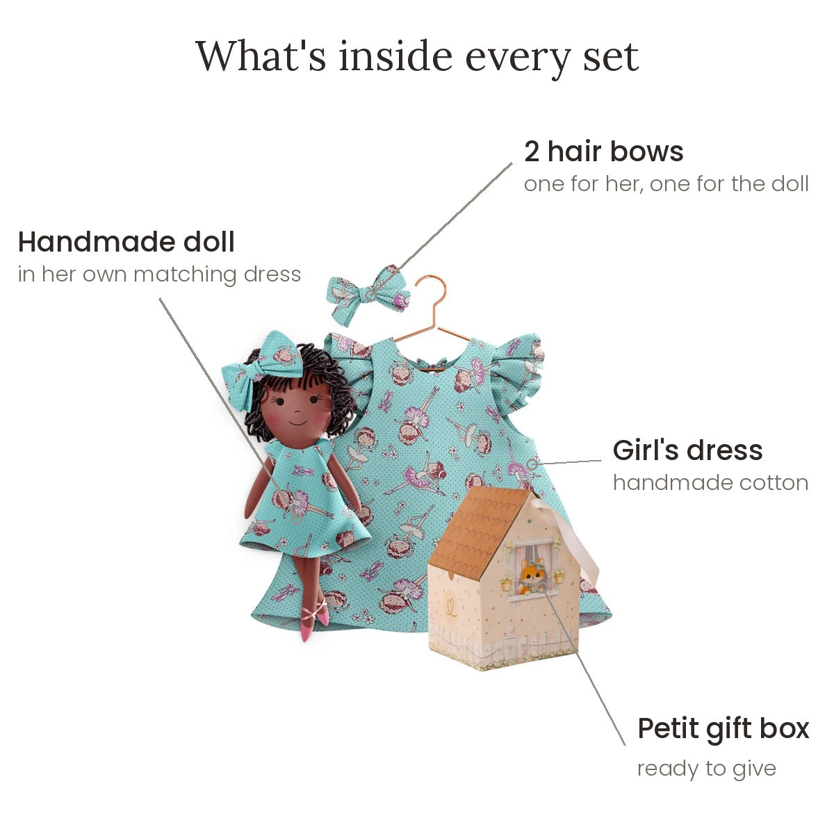 What's included in the Bella Ballet set: girl's dress, handmade cloth doll in her own matching dress, 2 matching hair bows and the Petit gift box